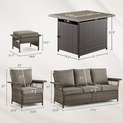 Patio Furniture Set with Fire Pit Table, 6PCS Patio Conversation Set Brown Resin Wicker Patio Chair Sofa Ottoman with 41in Rectangular Outdoor Fire Table PE Rattan Furniture Set