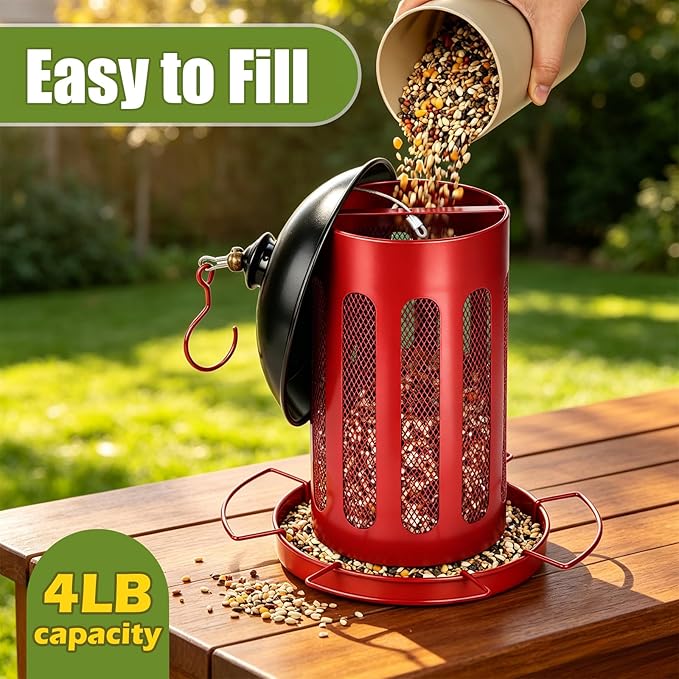 Bird Feeder, Large Capacity Bird Feeders for Outdoor Hanging, Heavy Duty Metal Wild Birdfeeder for Outside Garden Yard Decor, Retro Lantern Shape (Red)