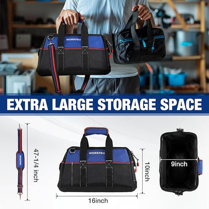 WORKPRO 16-inch Wide Mouth Tool Bag, Heavy Duty Cloth Tool Storage Bag with Water Proof Molded Base, Adjustable Shoulder Strap