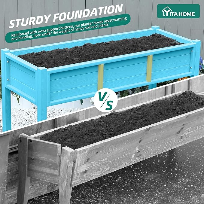 YITAHOME Raised Garden Bed HDPE, 47x18x31In Raised Flower Bed Poly-Wood Weather-Resistant Elevated Planter Box with Lockable Wheels for Vegetables, Aruba Blue