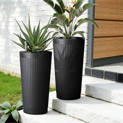 TUYOHW Self-Watering 24in Plastic Round Planter with Vertical Ribbed Design – Indoor Outdoor Flower Pot for Plants, Herbs, and Small Trees, Set of 2