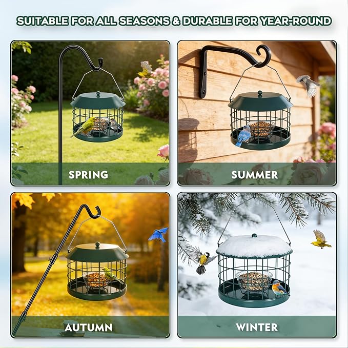 Gbekery Caged Bluebird Feeder for Mealworms with Glass Bowl, Squirrel Proof Bird Feeder for Small Birds Only, Detachable Hook, Large Space, Outdoors Weatherproof, Metal, Green