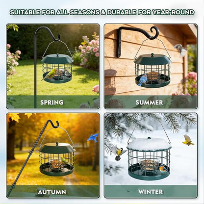 Gbekery Caged Bluebird Feeder for Mealworms with Glass Bowl, Squirrel Proof Bird Feeder for Small Birds Only, Detachable Hook, Large Space, Outdoors Weatherproof, Metal, Green