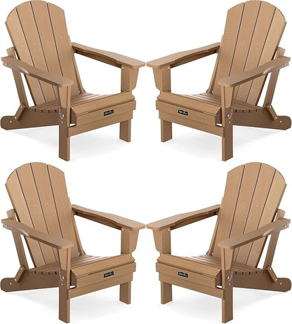 SERWALL Folding Adirondack Chair Set of 4 Outdoor Chairs Painted Adirondack Chair Weather Resistant for Patio Deck Garden, Backyard Deck, Fire Pit- Brown