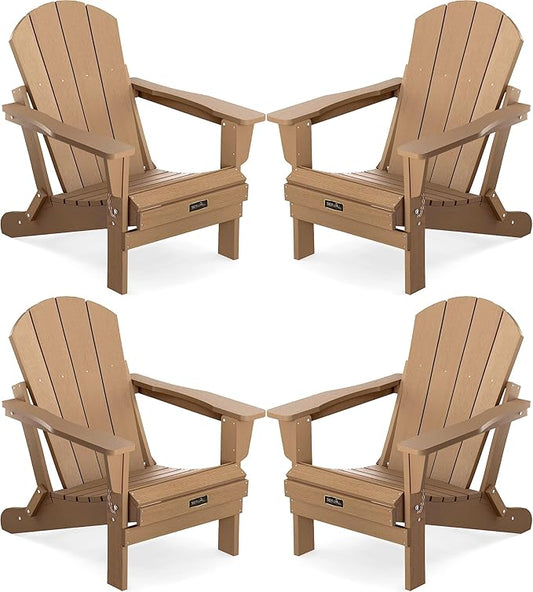 SERWALL Folding Adirondack Chair Set of 4 Outdoor Chairs Painted Adirondack Chair Weather Resistant for Patio Deck Garden, Backyard Deck, Fire Pit- Brown