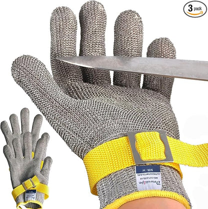 Dowellife ANSI A9 Cut Resistant Glove Food Grade, Stainless Steel Mesh Metal Knife Cutting Glove for Butcher Meat Cutting Oyster Shucking Kitchen Mandoline Chef Slicing Fish Fillet (Small-3 Pcs)
