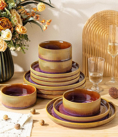TheTerra Ceramic Dinnerware Sets for 4, 16 Pieces Porcelain Lightweight Plates and Bowls Sets, Scratch Resistant Dish Set, Oven & Microwave & Dishwasher Safe, Amber Amethyst