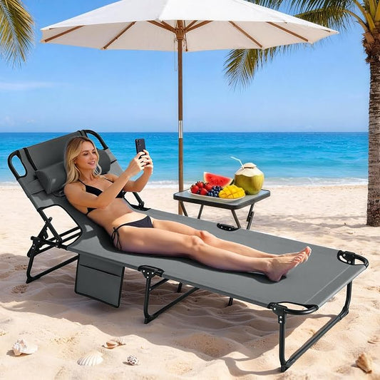 3-in-1 Sun Tanning Chair with Face Holes, Folding Chaise Lounge Chairs, 5-Position Adjustable Lounge Chair Outdoor with 2 Side Pocket & Pillow, for Pool Beach, Patio, Camping, Grey
