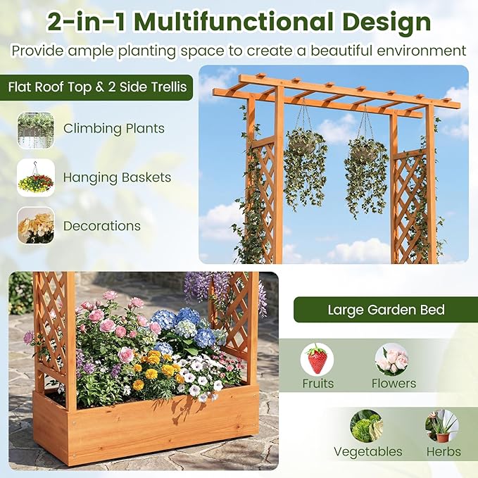 S AFSTAR Raised Garden Bed with Trellis, 2-in-1 Fir Wood Planter Box with Flat Roof & Drainage Holes, Vertical Planter Raised Bed for Climbing Plants, Flowers & Vegetables, 43" x 14" x 45" (Orange)