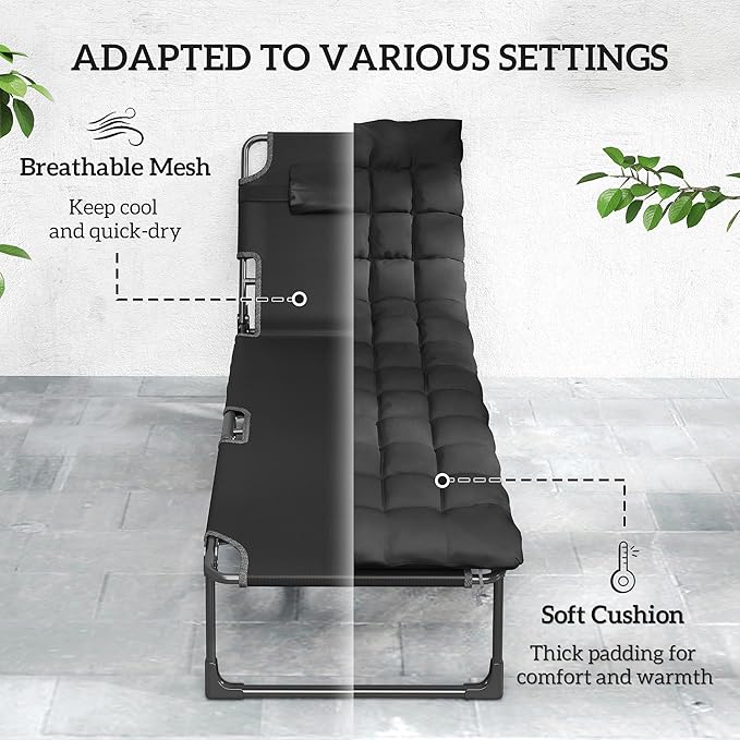 Outsunny Chaise Lounge Chair Outdoor, 5-Position Reclining Pool Lounge Chair with Cushion, Side Pocket, Headrest, Folding Lounger Tanning Chair Camping Cot for Patio, Beach, Black