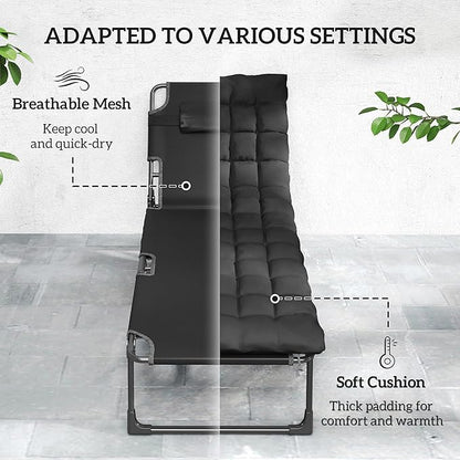 Outsunny Chaise Lounge Chair Outdoor, 5-Position Reclining Pool Lounge Chair with Cushion, Side Pocket, Headrest, Folding Lounger Tanning Chair Camping Cot for Patio, Beach, Black