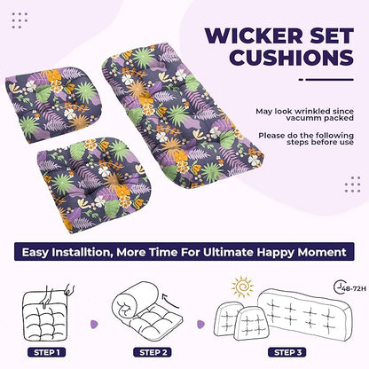 DANGHOOGY Wicker Chair Cushions, Waterproof Outdoor Loveseat Cushions for Patio Furniture, Tufted Wicker Furniture Cushions, 1 Loveseat and 2 U-Shaped Cushions (Purple Flower)