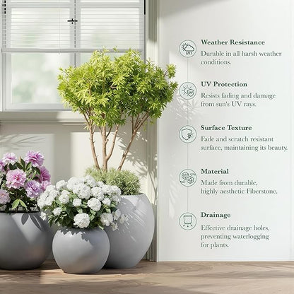 DTY Signature Mount Sherman Modern Indoor Outdoor Fiberstone Sphere Planter, Durable Round Garden Pot, Weather Resistant, Drainage Hole & Rubber Plug, Planter for Christmas Tree - Small, Gray