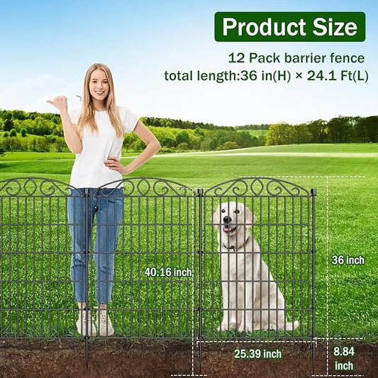 12 Panel Garden Fence - 36in H x 24.1 ft L, No Dig Rustproof Metal Tall Animal Barrier for Dogs Rabbits, Decorative Outdoor Border for Yard, Patio, and Flower Beds