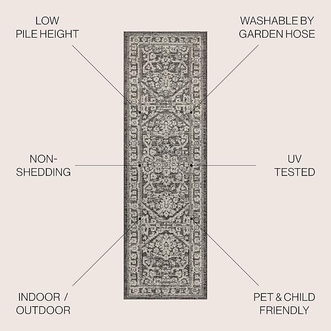 JONATHAN Y Boho Medallion Indoor Outdoor Runner Rug 2X10 Black/Gray, Malta Textured Weave for Backyard, Patio, Porch, Easy-Cleaning, High Traffic, Pet-Friendly, Non-Shedding (SMB104C-210)