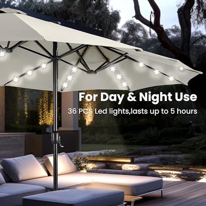 PHI VILLA 15ft Large Patio Umbrella with Solar Lights, Double-Sided Outdoor Market Rectangle Umbrellas with 36 LED Lights, Umbrella Base (Stand) Included, Ivory