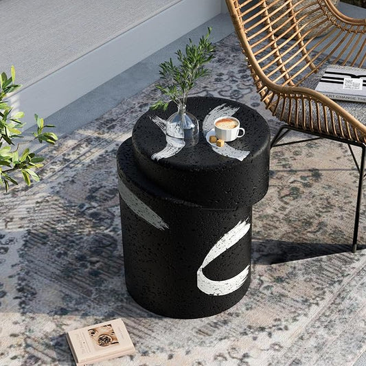 SUNBURY Outdoor Concrete Side Table w Graffiti, Black Outdoor Side Table for Patio, 14" W Outdoor Accent Table, Round Outside Table End Table, Ceramic Garden Stool for Lawn, Backyard, Pool