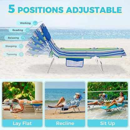 #WEJOY Folding Tanning Chair with Face Hole, 5 Positions Face Down Beach Lounge Chairs with Pillow for Outside Sunbathing Poolside (Blue/Green)