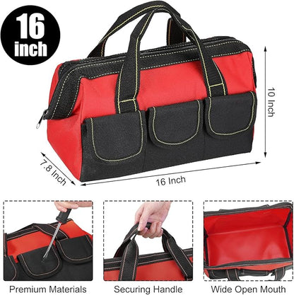 Sanwuta 3 Pack Tool Bag for Men with Waterproof Hard Bottom, Heavy Duty Tool Bag Wide Mouth Tote for Various Instrument, Electrician Carpenter Mechanic(Red,16 Inch,Classic)