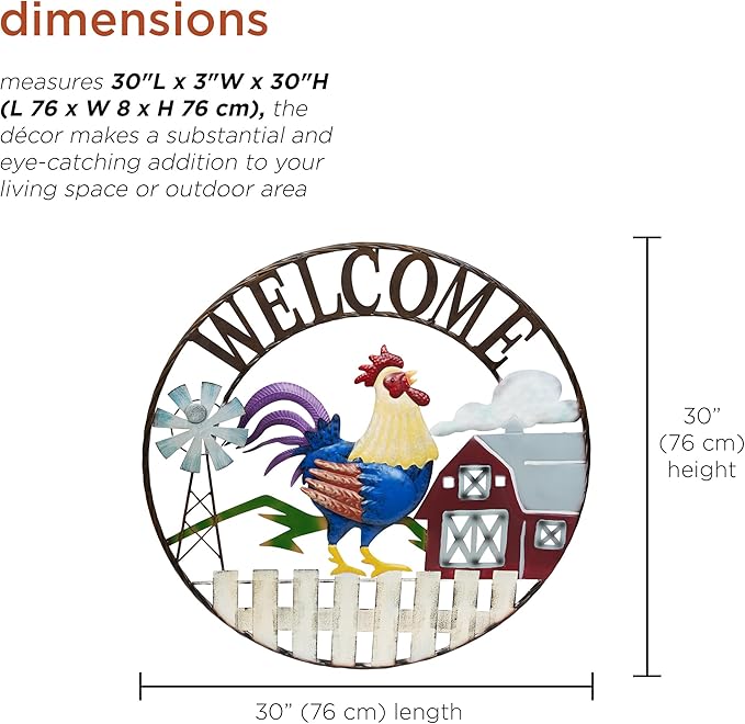 Alpine Corporation SCC578L Large Round Rooster and Farm Welcome Wall Decor, Sign for Entryway & Walkway, 30" Diameter, Multicolor