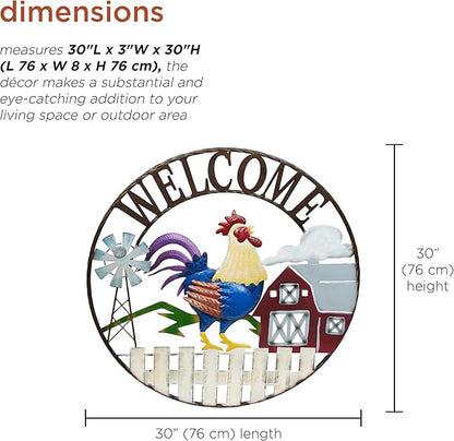 Alpine Corporation SCC578L Large Round Rooster and Farm Welcome Wall Decor, Sign for Entryway & Walkway, 30" Diameter, Multicolor