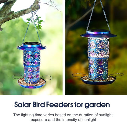 Ottsuls Solar Bird Feeder for Outdoors Hanging, Metal Wild Cardinals Garden Lantern Weatherproof, Decro Solar Birdfeeders as Gift Idea for Women Mom Grandma Bird Lovers (Update Version Blue)
