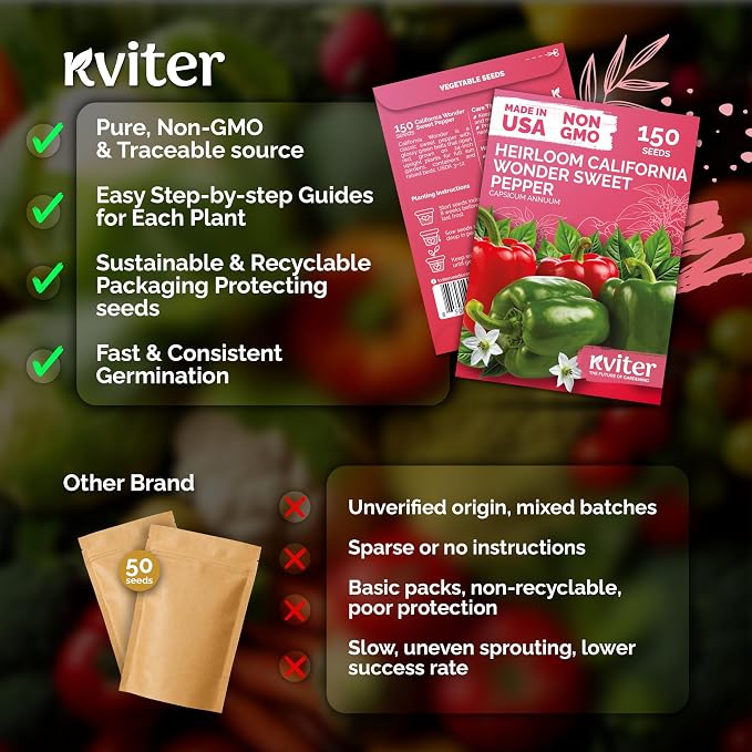 KVITER 150 California Wonder Sweet Pepper Seeds (Capsicum Annuum) - Cal Wonder, Mild Flavor, Heirloom, Non GMO Seed - Vegetable Seeds in Seed Packets for Outdoor Gardens, Containers, Raised Beds