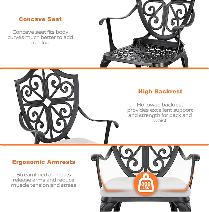 NUU GARDEN 3-Piece Cast Aluminum Bistro Set, Outdoor Patio Bistro Table and Chairs with Umbrella Hole and Grey Cushions, Black