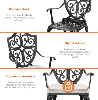 NUU GARDEN 3-Piece Cast Aluminum Bistro Set, Outdoor Patio Bistro Table and Chairs with Umbrella Hole and Grey Cushions, Black