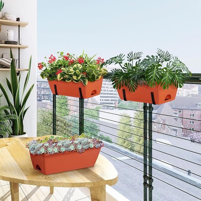 ETELI Railing Planter Box 6 Pack Balcony Planters Railing Hanging with Metal Brackets Window Boxes Deck Rail Planter for Outdoor Indoor Porch Garden Patio, Red & Black
