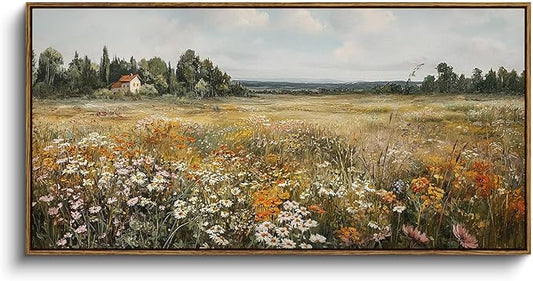 InSimSea Extra Large Framed Vintage Wall Art, Living Room Country Farmhouse Decor, Wildflower Meadow Landscape Canvas Prints, Retro Cottage Long Pictures for Bedroom Above of Bed, 20x40inch