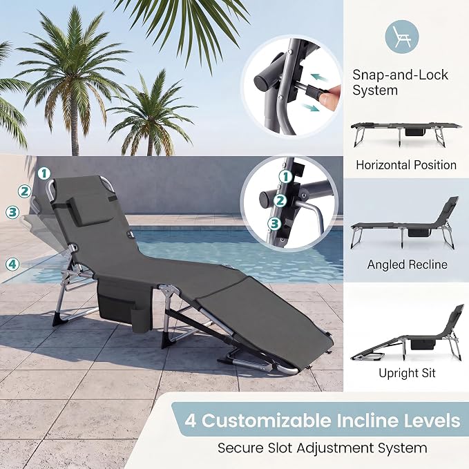Giantex Tanning Chair, 330Lbs Patio Lounge Chair with 5 Adjustable Position, Face & Arm Hole, Hand/Shoulder Strap, Removable Pillow, Side Pocket, Chaise Lounger for Beach Sunbathing Outdoor, Grey