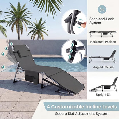 Giantex Tanning Chair, 330Lbs Patio Lounge Chair with 5 Adjustable Position, Face & Arm Hole, Hand/Shoulder Strap, Removable Pillow, Side Pocket, Chaise Lounger for Beach Sunbathing Outdoor, Grey