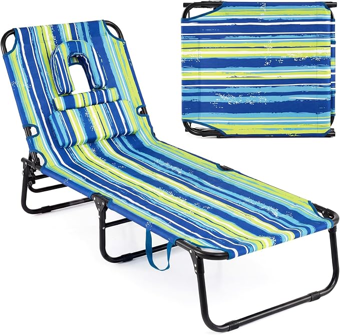 GYMAX Tanning Chair, 330lbs Beach Lounge Chair with Face Hole, Washable Pillow & Carry Strap, Adjustable Folding Chaise Lounge, Layout Chair for Outside, Patio, Poolside, Lawn (1, Stripe)