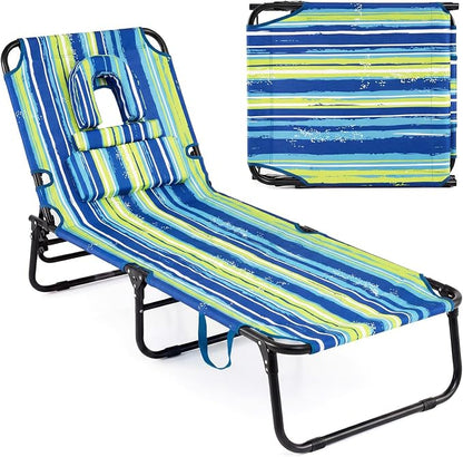 GYMAX Tanning Chair, 330lbs Beach Lounge Chair with Face Hole, Washable Pillow & Carry Strap, Adjustable Folding Chaise Lounge, Layout Chair for Outside, Patio, Poolside, Lawn (1, Stripe)
