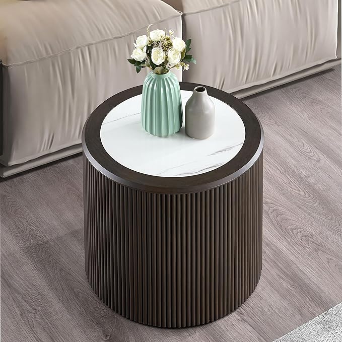 kevinplus ø31.49'' Round Faux Marble Coffee Table & Side End Table Set of 2 for Living Room, Modern Contemporary Circle Drum Embossment Fluted Pedestal Wooden Design, No Assembly (Dark Brown, 2-Pcs)