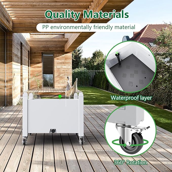 Vixzen Raised Garden Bed with Wheels Outdoor,Resin Weatherproof Planter Box with Drain Hole and Water Level Detector,for Planting Plants Vegetables(Ashen 30.04"×17.72"×17.56"