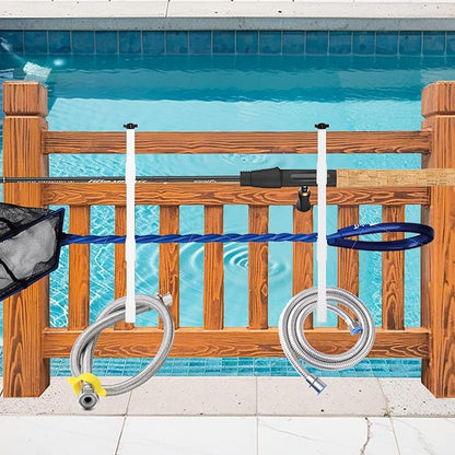 2Pcs White Pool Pole Hangers, Adjustable Heavy Duty Swimming Pool Fence Hooks for Pool Equipment, Skimmers, Leaf Rakes, Nets, Brushes, Vacuum Hose, Garden Tool Organizer