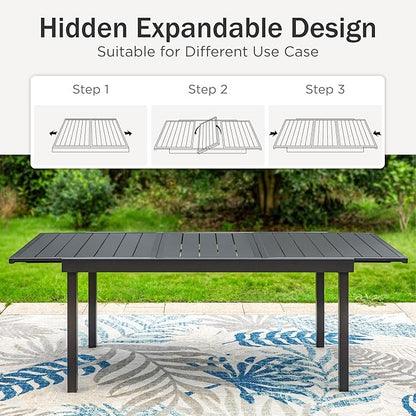 PHI VILLA 9 Piece Large Outdoor Dining Table Set for 8, Expandable Rectangular Steel Dining Table & Cushioned Rattan Wicker Chairs, Dining Furniture Set for Patio, Deck, Yard