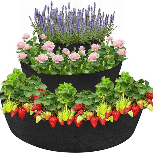 Wenfan 3 Tiered Strawberry Planter Non-Woven Fabric Raised Garden Bed Stackable Strawberry Planter Bag Felt Raised Container for Growing Vegetables Herb Plant, 8 Inch Deep, Round