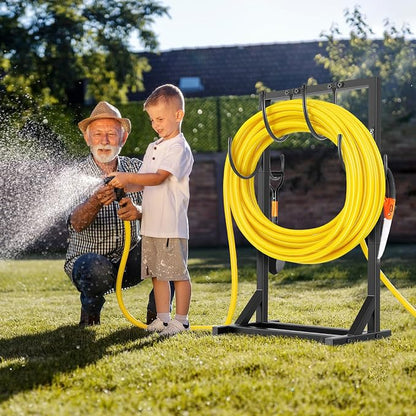 Garden Hose Holder Stand, BOLITE Heavy Duty Metal Hose Hanger, Holds 150ft | Freestanding & Detachable Water Hose Holder for Outside, 4 Spikes & 2 Tool Hooks, Storage Rack for Outside Yard Lawn Farm
