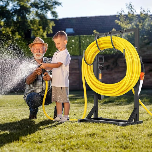 Garden Hose Holder Stand, BOLITE Heavy Duty Metal Hose Hanger, Holds 150ft | Freestanding & Detachable Water Hose Holder for Outside, 4 Spikes & 2 Tool Hooks, Storage Rack for Outside Yard Lawn Farm