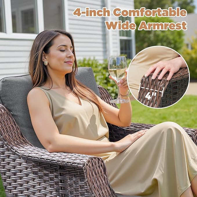 Patio Wicker Chairs Swivel Rocker-Outdoor Swivel Rocker Chair Set of 2 with All Weather Wicker Glider Rocker Set, PE Rattan Swivel Rocking Chair with Side Table for Yard Balcony Deck Porch Brown/Grey