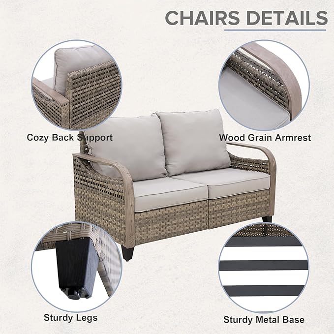 COOS BAY Modern Wicker Outdoor Furniture Set, Patio Conversation Set with 2 Seat Loveseat, and Ottomans, 3 Piece, Brown/Gray