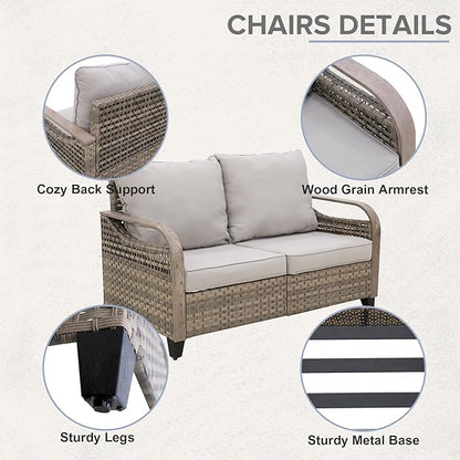 COOS BAY Modern Wicker Outdoor Furniture Set, Patio Conversation Set with 2 Seat Loveseat, and Ottomans, 3 Piece, Brown/Gray
