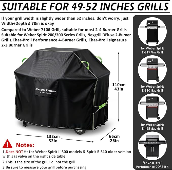ROCKTAKIN Heavy Duty 52 Inch Grill Cover for Weber Spirit 200 and 300 Series,Outdoor BBQ Gas Grill Cover, Waterproof Fade Resistant Windproof 7106 Barbecue Cover with Air vents for Char-Broil Nexgrill