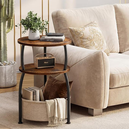 Round Side Table with Storage Basket for Living Room Rustic Brown | Small Table for Small Space 3-Tier Side Table for Bedroom, Garden, Sofa Couch Table Bedside Nightstand, Rustic Brown
