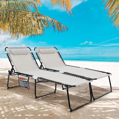Goplus Chaise Lounge Chair Outdoor, Extra Large Folding 5-Postion Beach Lounger with Detachable Pillow, Side Pocket, Sunbathing Lounge Chair, Adjustable Tanning Chair for Patio Lawn Pool Yard