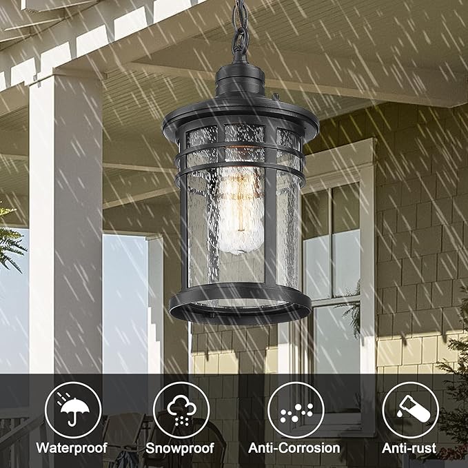 Darkaway Outdoor Pendant Lights for Porch, Outdoor Chandelier Hanging Porch Lights Ceiling Mount Aluminum with Seeded Glass for Front Porch Gazebo Patio (Medium, Black)