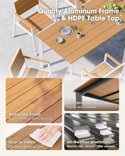 Outdoor Patio Dining Table, Aluminum & HDPE Outdoor Table with Umbrella Hole, All-Weather for Deck, Garden, Lawn, Backyard, Poolside and Indoor Use (White & Teak)